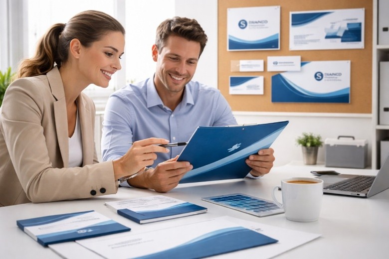 Zwei Personen besprechen Geschäftsdrucksorten wie Visitenkarten und Briefpapier in einem Büro