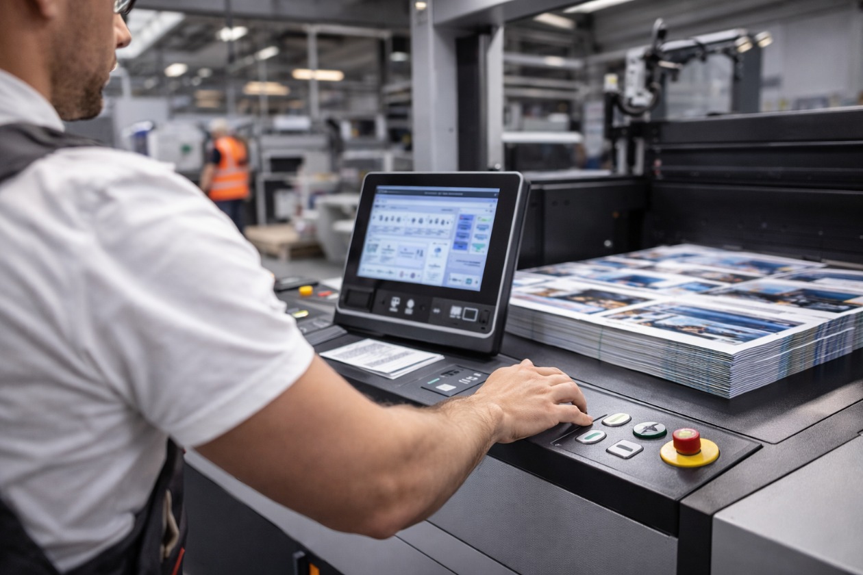 Mitarbeiter bedient eine moderne Druckmaschine zur schnellen Produktion von Drucksorten