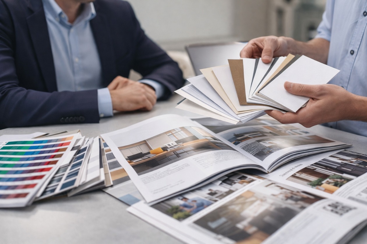 Beratung zur Papierauswahl mit Musterbüchern und aufgeschlagenem Magazin in einem Büro