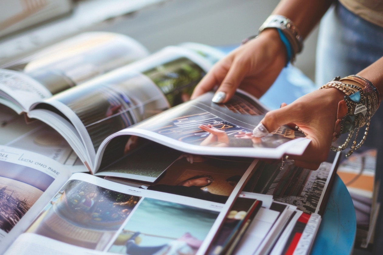 Person blättert durch hochwertigen Katalog mit großformatigen Bildern und klar strukturiertem Layout
