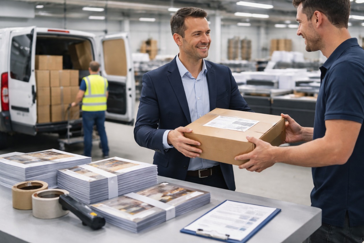 Übergabe von gedruckten Katalogen und Paketen in einer Druckerei mit Versand und Logistik im Hintergrund
