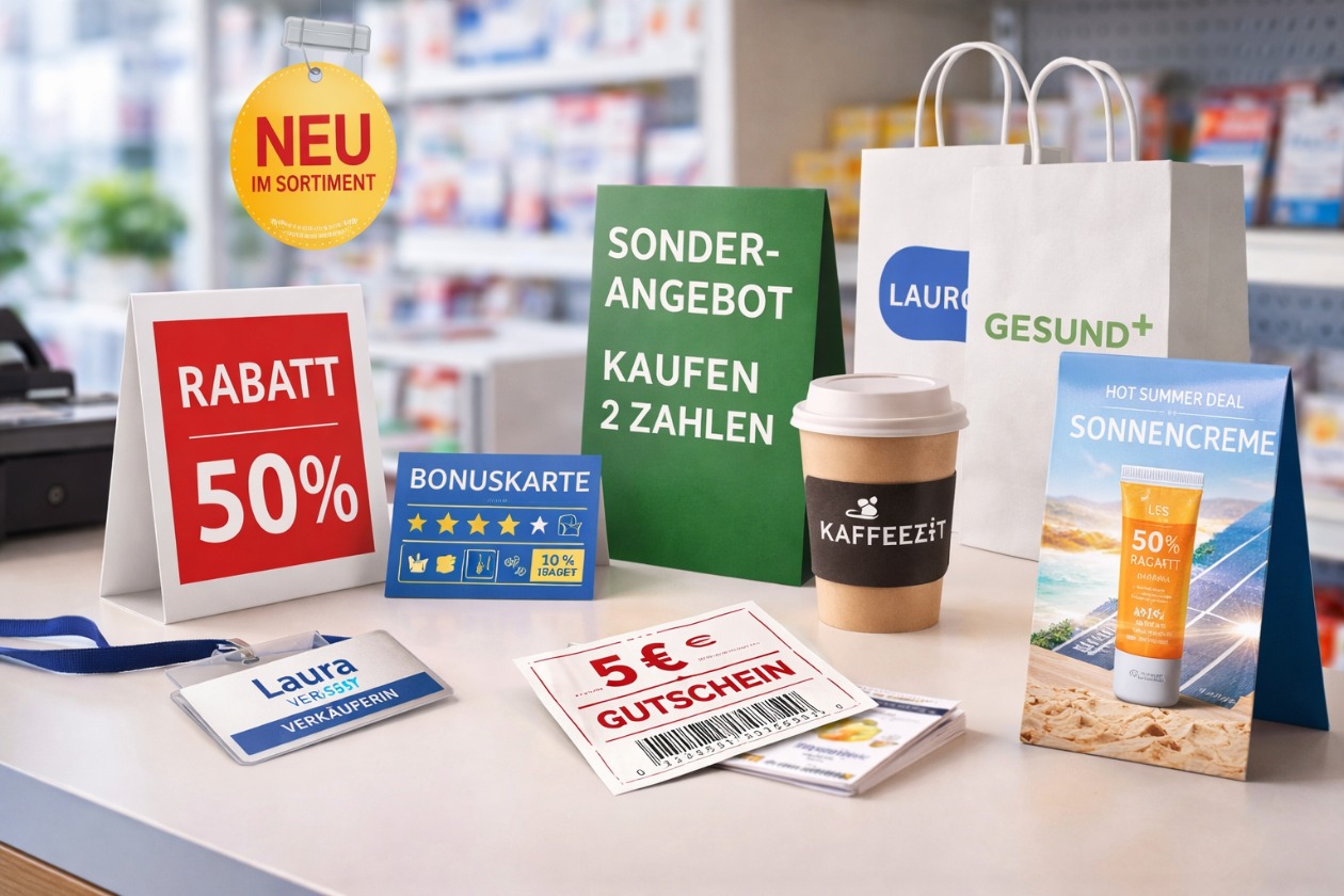Point of Sale Drucksorten mit Aufstellern, Aktionsschildern und Verpackungen im Verkaufsumfeld