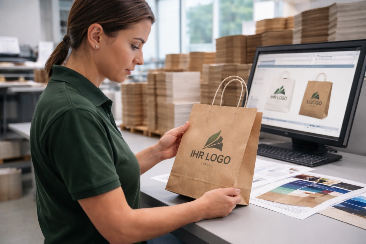 Qualitätskontrolle einer individuell bedruckten Papiertasche im Produktionsprozess einer Druckerei