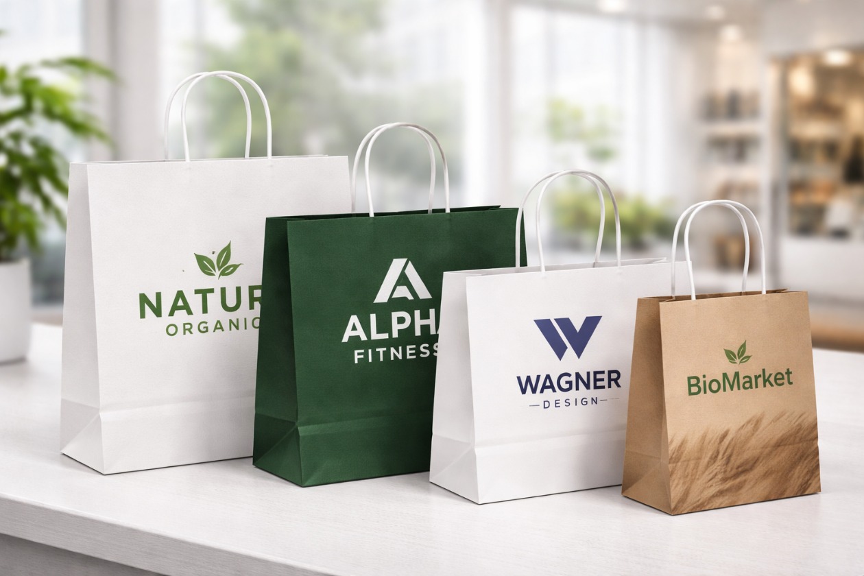 bedruckte Papiertaschen in verschiedenen Größen und Designs für den Einsatz im Handel und als Markenverpackung