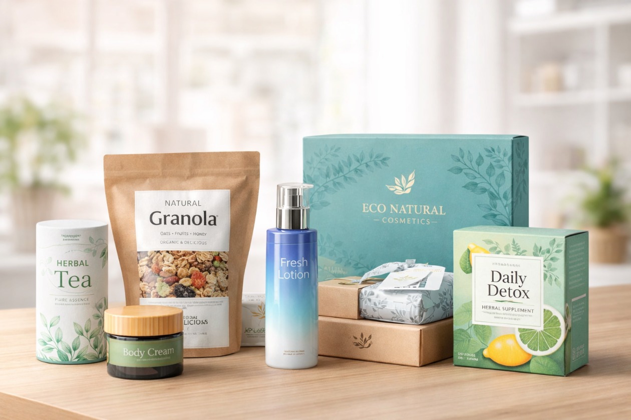 Produktverpackungen und Etiketten auf verschiedenen Verpackungsarten im Verkaufsumfeld