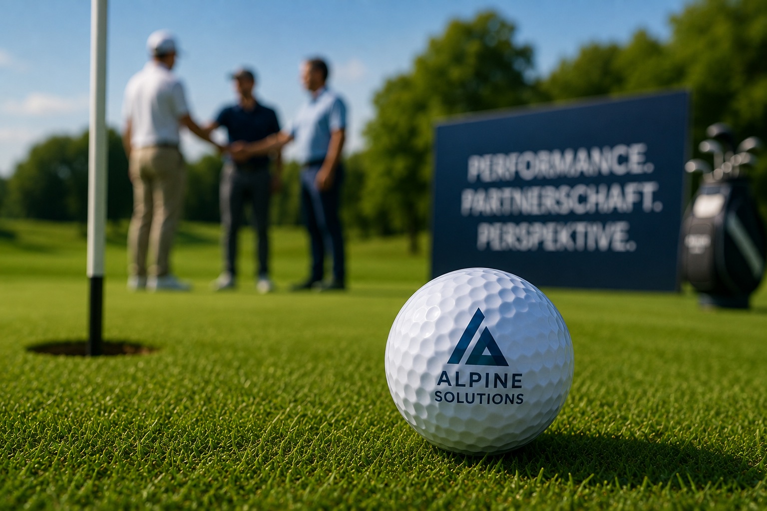 bedruckter Golfball mit Firmenlogo als hochwertiger Werbeartikel auf dem Golfplatz