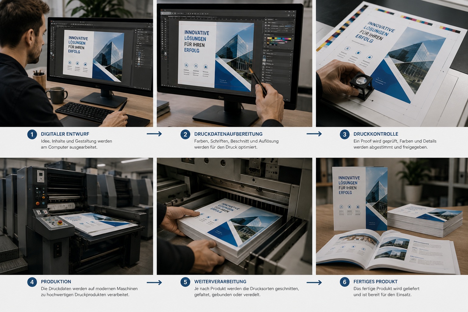 Prozess vom digitalen Grafikentwurf über die Druckvorstufe bis zum fertigen Druckprodukt