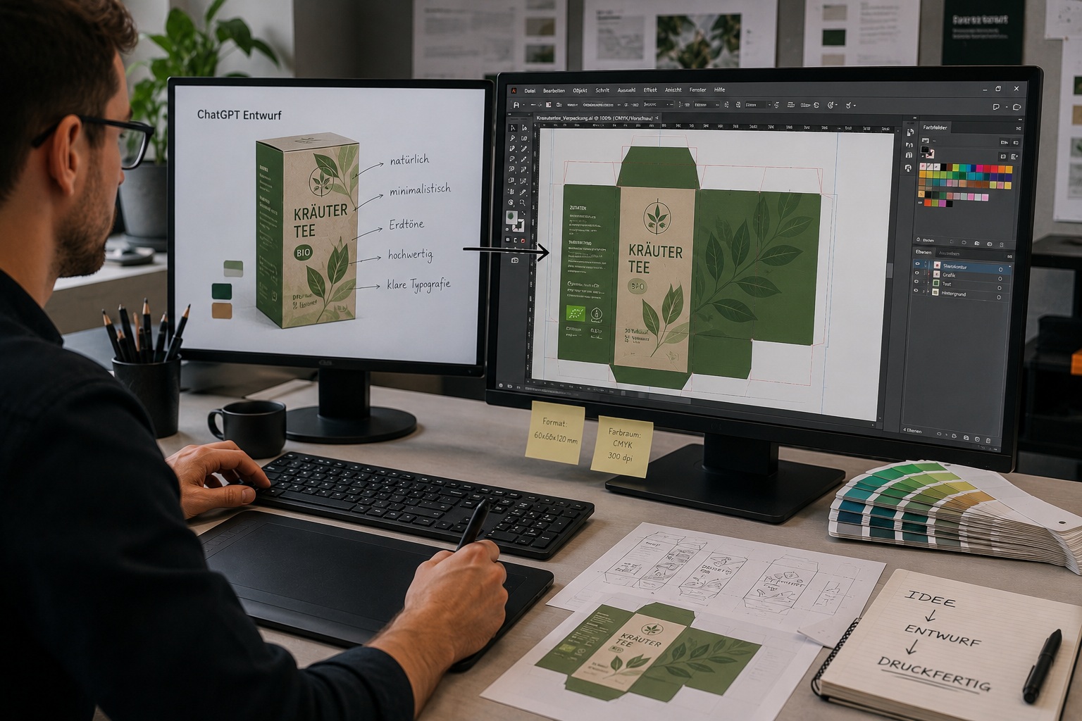 Grafiker überarbeitet einen mit KI erstellten Entwurf für die professionelle Druckproduktion