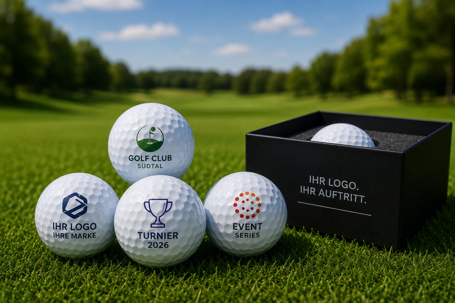 individuell bedruckte Golfbälle mit verschiedenen Logos und Motiven auf einem Golfplat