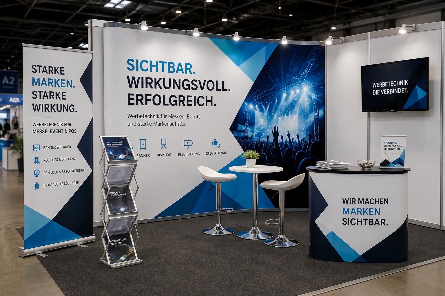 Professioneller Messestand mit Roll-up, Displays und großformatiger Werbetechnik