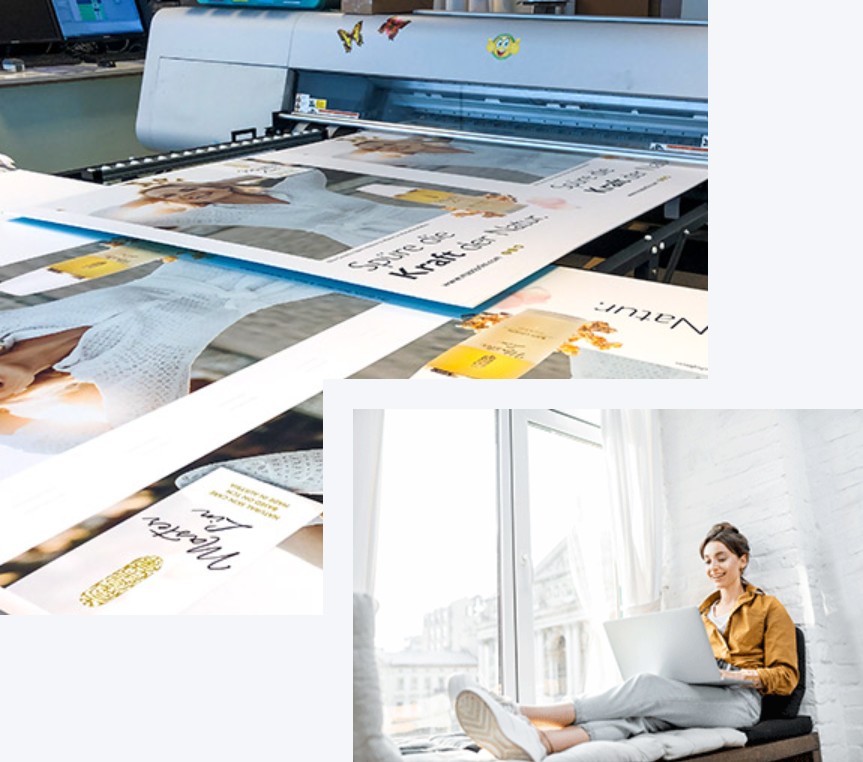 Mitarbeiter verwaltet hinterlegte Geschäftsdrucksorten über ein Web-to-Print-System